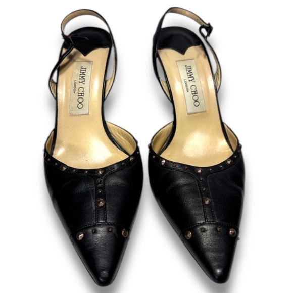 Jimmy Choo Black Studded Leather Pointed Toe Sling Back Stiletto Pumps Size 39.5 - Picture 1 of 16